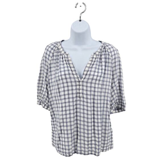 Treasure & Bond Blue/White Check Blouse WMNS S V-Neck Summer Top Short Sleeve - Picture 1 of 7